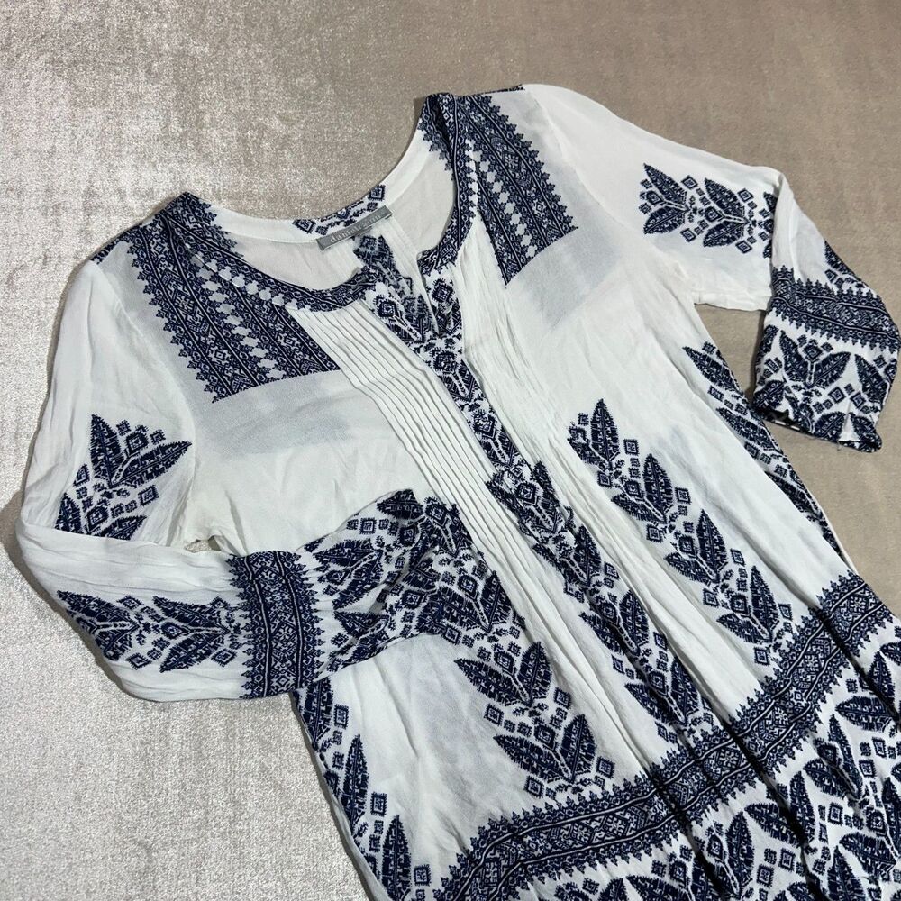 Daniel Rainn White Blue Peasant Blouse Boho Long Sleeve Top Womens Large